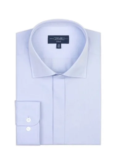Germirli Açık Mavi Gizli Pat Klasik Yaka Tailor Fit Pamuk Gömlek - 2