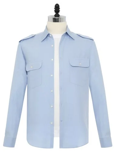 Germirli Açık Mavi Pamuk Keten Tencel Apoletli Çift Kapak Cepli Katlanabilir Kol Merhaba Gömlek - 1