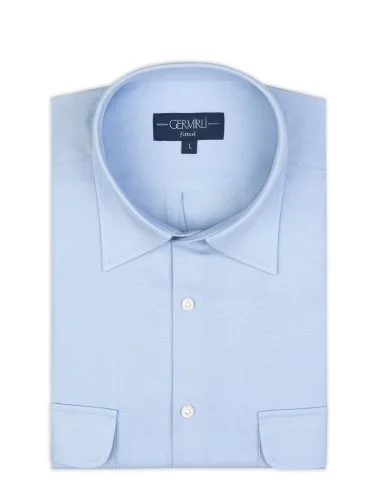 Germirli Açık Mavi Pamuk Keten Tencel Apoletli Çift Kapak Cepli Katlanabilir Kol Merhaba Gömlek - 3