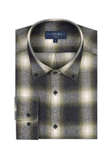 Germirli Albini Antrasit Yeşil Ekoseli Flanel Düğmeli Yaka Tailor Fit Pamuk Oduncu Gömlek - 1