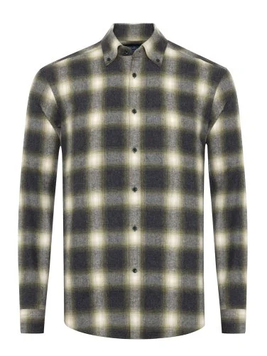 Germirli Albini Antrasit Yeşil Ekoseli Flanel Düğmeli Yaka Tailor Fit Pamuk Oduncu Gömlek - 1