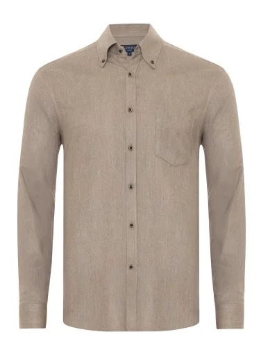 Germirli Albini Apres Ski Bej Balıksırtı Tailor Fit Düğmeli Yaka Lyocell Pamuk Flanel Gömlek - 1