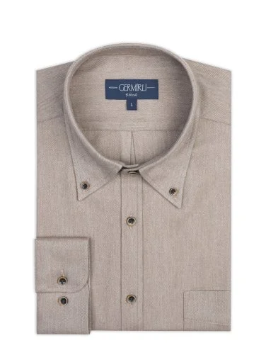 Germirli Albini Apres Ski Bej Balıksırtı Tailor Fit Düğmeli Yaka Lyocell Pamuk Flanel Gömlek - 2