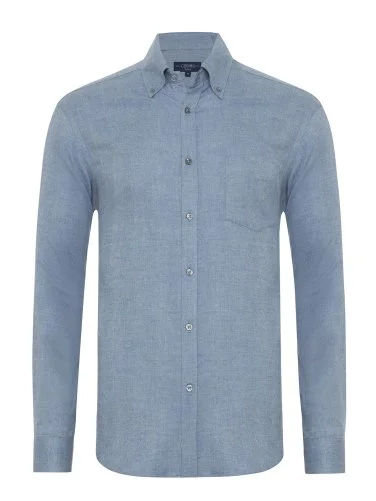 Germirli Albini Apres Ski Mavi Balıksırtı Tailor Fit Düğmeli Yaka Lyocell Pamuk Flanel Gömlek - 1