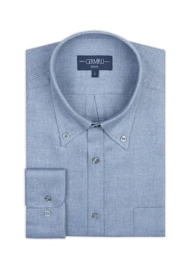 Germirli Albini Apres Ski Mavi Balıksırtı Tailor Fit Düğmeli Yaka Lyocell Pamuk Flanel Gömlek - 2