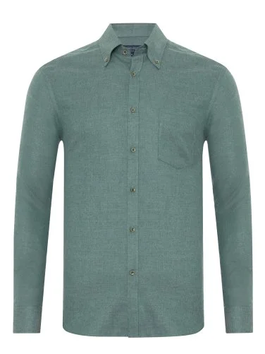 Germirli Albini Apres Ski Yeşil Balıksırtı Tailor Fit Düğmeli Yaka Lyocell Pamuk Flanel Gömlek - 1