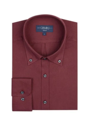 Germirli Albini Bordo Tailor Fit Düğmeli Yaka Organik Pamuk Flanel Gömlek - 2