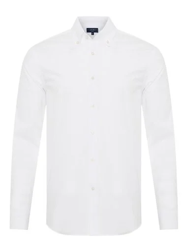 Germirli Albini Düğmeli Yaka Tailor Fit Beyaz Kendinden Çizgili Pamuk Vual Erkek Gömlek - 1