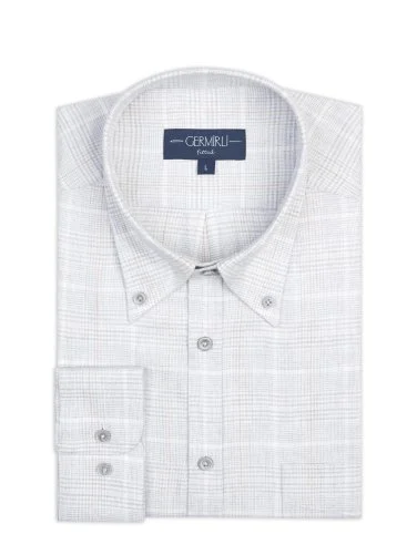 Germirli Albini Gri Ekose Apres Ski Düğmeli Yaka Tailor Fit Lyocell Pamuk Flanel Gömlek - 2