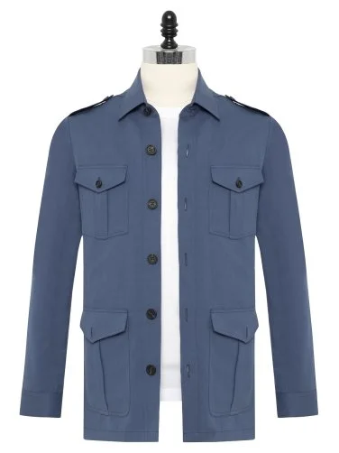 Germirli Albini Havacı Mavi Utility Kapak Cepli Pamuk Keten Safari Ceket Gömlek - 1