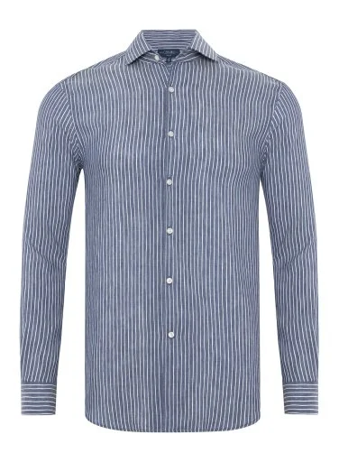 Germirli Albini Indigo Beyaz Çizgili Nevapas Lapel Yaka Keten Lyocell Gömlek - 3