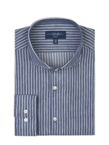 Germirli Albini Indigo Beyaz Çizgili Nevapas Lapel Yaka Keten Lyocell Gömlek - 5