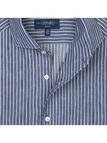 Germirli Albini Indigo Beyaz Çizgili Nevapas Lapel Yaka Keten Lyocell Gömlek - 4