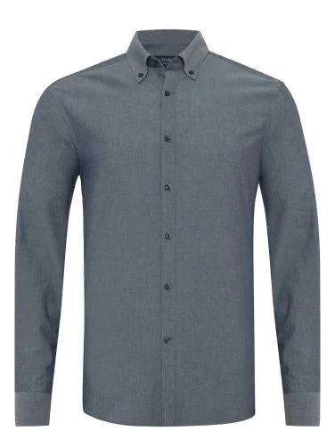 Germirli Albini İndigo Rengi Düğmeli Yaka Tailor Fit Pamuk Denim Gömlek - 1