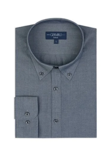 Germirli Albini İndigo Rengi Düğmeli Yaka Tailor Fit Pamuk Denim Gömlek - 2