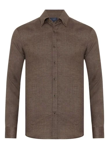 Germirli Albini Kahverengi Balıksırtı Düğmeli Yaka Tailor Fit Keten Yün Gömlek - 1