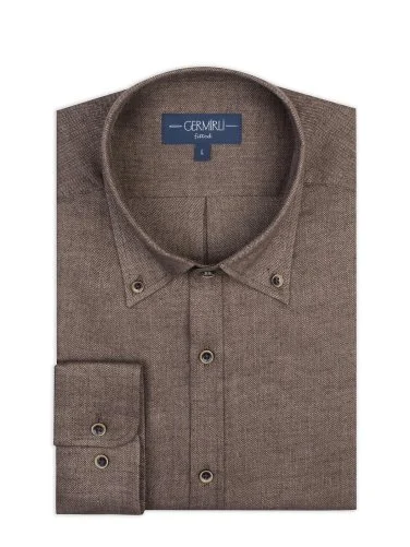 Germirli Albini Kahverengi Balıksırtı Düğmeli Yaka Tailor Fit Keten Yün Gömlek - 2