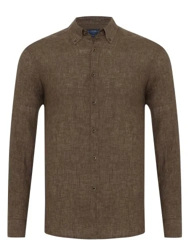 Germirli Albini Kahverengi Düğmeli Yaka Tailor Fit Delave Keten Gömlek - 1
