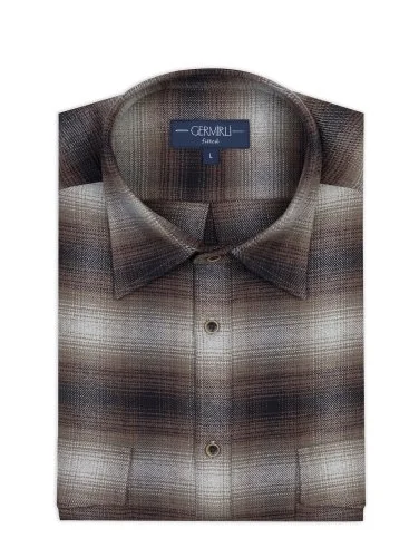 Germirli Albini Kahverengi Gri Ekoseli Flanel Tailor Fit Pamuk Oduncu Gömlek - 1