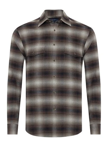 Germirli Albini Kahverengi Gri Ekoseli Flanel Tailor Fit Pamuk Oduncu Gömlek - 1