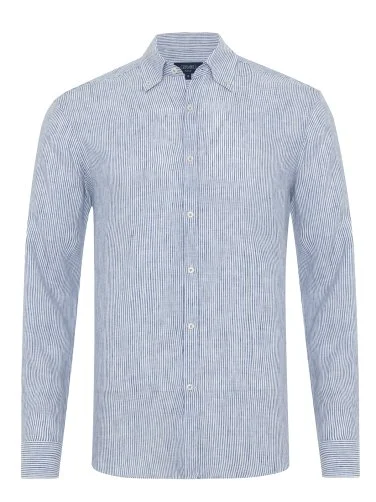 Germirli Albini Lacivert Beyaz Çizgili Düğmeli Yaka Saf Keten Gömlek - 1