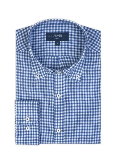 Germirli Albini Lacivert Beyaz Pötikare Düğmeli Yaka Tailor Fit Delave Keten Gömlek - 2