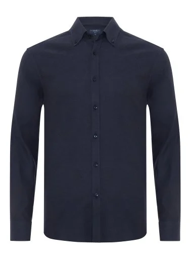 Germirli Albini Lacivert Tailor Fit Düğmeli Yaka Organik Pamuk Flanel Gömlek - 1