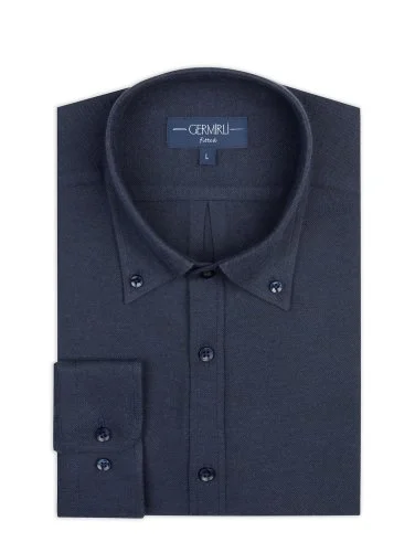 Germirli Albini Lacivert Tailor Fit Düğmeli Yaka Organik Pamuk Flanel Gömlek - 2