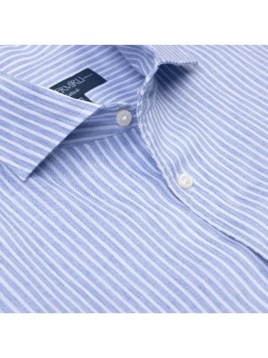 Germirli Albini Mavi Beyaz Çizgili Nevapas Lapel Yaka Keten Gömlek - 9