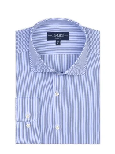 Germirli Albini Mavi İnce Çizgili Exclusive Super Piumino İtalyan Yaka Tailor Fit Pamuk Gömlek - 1
