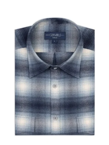 Germirli Albini Mavi Lacivert Ekoseli Flanel Tailor Fit Pamuk Oduncu Gömlek - 1