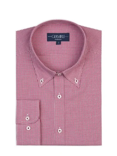 Germirli Albini Relax Formula Bordo Pötikareli Exclusive Tailor Fit Düğmeli Yaka Pamuk Gömlek - 1