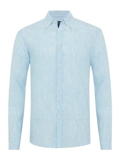 Germirli Albini Turkuaz Beyaz Çizgili Düğmeli Yaka Saf Keten Gömlek - 1