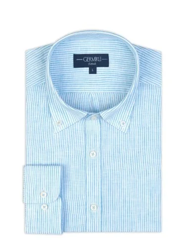 Germirli Albini Turkuaz Beyaz Çizgili Düğmeli Yaka Saf Keten Gömlek - 2