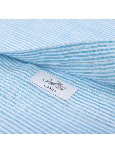 Germirli Albini Turkuaz Beyaz Çizgili Düğmeli Yaka Saf Keten Gömlek - 3