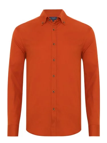 Germirli Albini Turuncu Tailor Fit Düğmeli Yaka Flanel Gömlek - 1