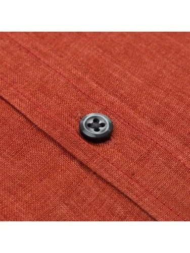 Germirli Albini Yanık Portakal Rengi Düğmeli Yaka Tailor Fit Delave Keten Gömlek - 3