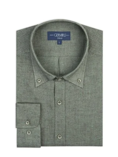 Germirli Albini Zeytin Yeşili Balıksırtı Düğmeli Yaka Tailor Fit Keten Yün Gömlek - 2