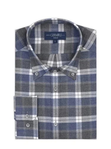 Germirli Antrasit Gri Mavi Ekoseli Flanel Düğmeli Yaka Tailor Fit Pamuk Oduncu Gömlek - 1