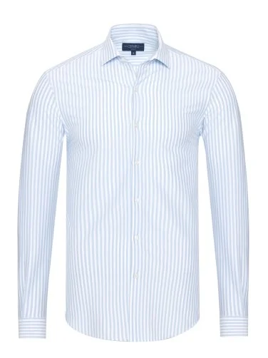 Germirli Beyaz Açık Mavi Çizgili 3D Streç Slim Fit Active Pamuklu Gömlek - 1