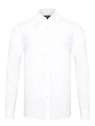 Germirli Beyaz Albiate Düğmeli Yaka Tailor Fit İnce Pamuk Gömlek - 1