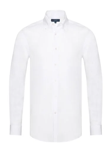 Germirli Beyaz Düğmeli Yaka Tailor Fit Tencel Erkek Gömlek - 1