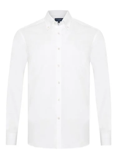 Germirli Beyaz Exclusive Panama Doku Düğmeli Yaka Tailor Fit Pamuk Gömlek - 1