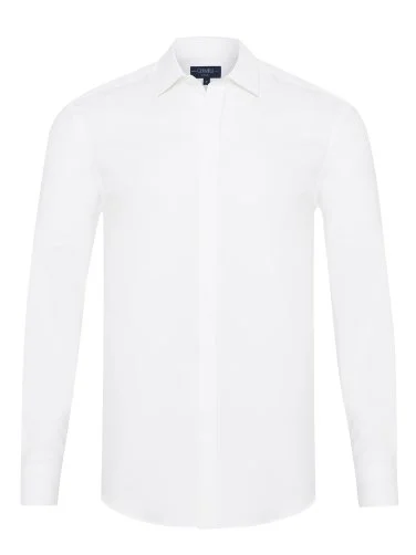 Germirli Beyaz Gizli Pat Soft Yaka Tailor Fit Diyagonal Desen Pamuk Gömlek - 1