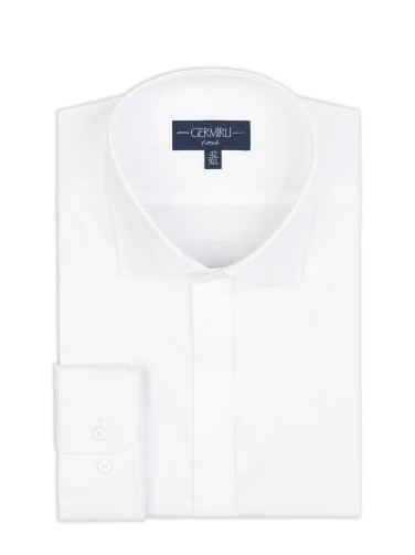 Germirli Beyaz Poplin Dokulu Klasik Yaka Tailor Fit Gizli Pat Pamuk Elastan Gömlek - 2