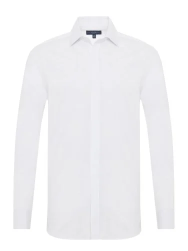 Germirli Beyaz Poplin Dokulu Klasik Yaka Tailor Fit Gizli Pat Pamuk Elastan Gömlek - 1