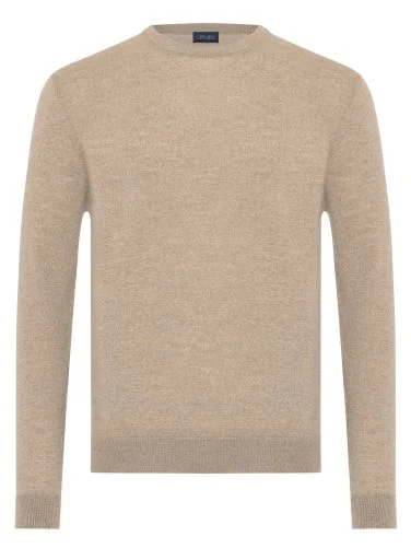 Germirli Bisiklet Yaka Bej Melanj Regular Fit Extra Fine Yün Erkek Triko - 1