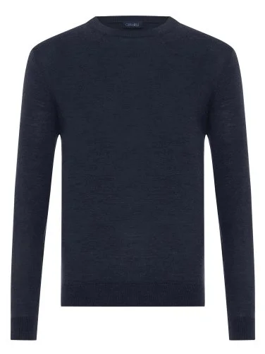 Germirli Bisiklet Yaka Lacivert Melanj Regular Fit Extra Fine Yün Erkek Triko - 1