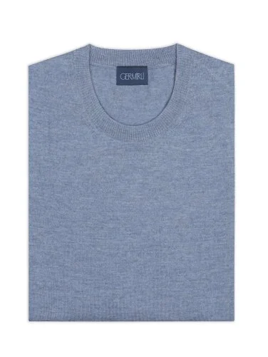 Germirli Bisiklet Yaka Mavi Melanj Regular Fit Extra Fine Yün Erkek Triko - 2