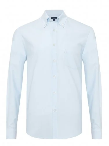 Germirli Buz Mavi Düğmeli Yaka Cepli Tailor Fit Spor Oxford Gömlek Gömlek - 1